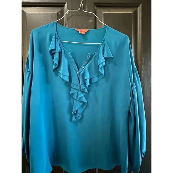 Sundance Blue V-Neck Frill Detail Silk Ruffle Blouse Size L - Picture 2 of 5